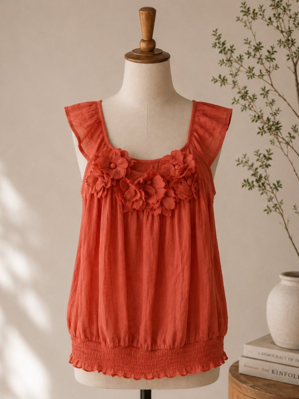Edge S Rust Boho Blouse Floral Applique Ruffle Sleeveless Peasant Top Smocked